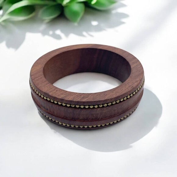 Dark Wood Bangle with Brass Bead Rows - Rustic Bohemian Bracelet - Picture 3 of 4
